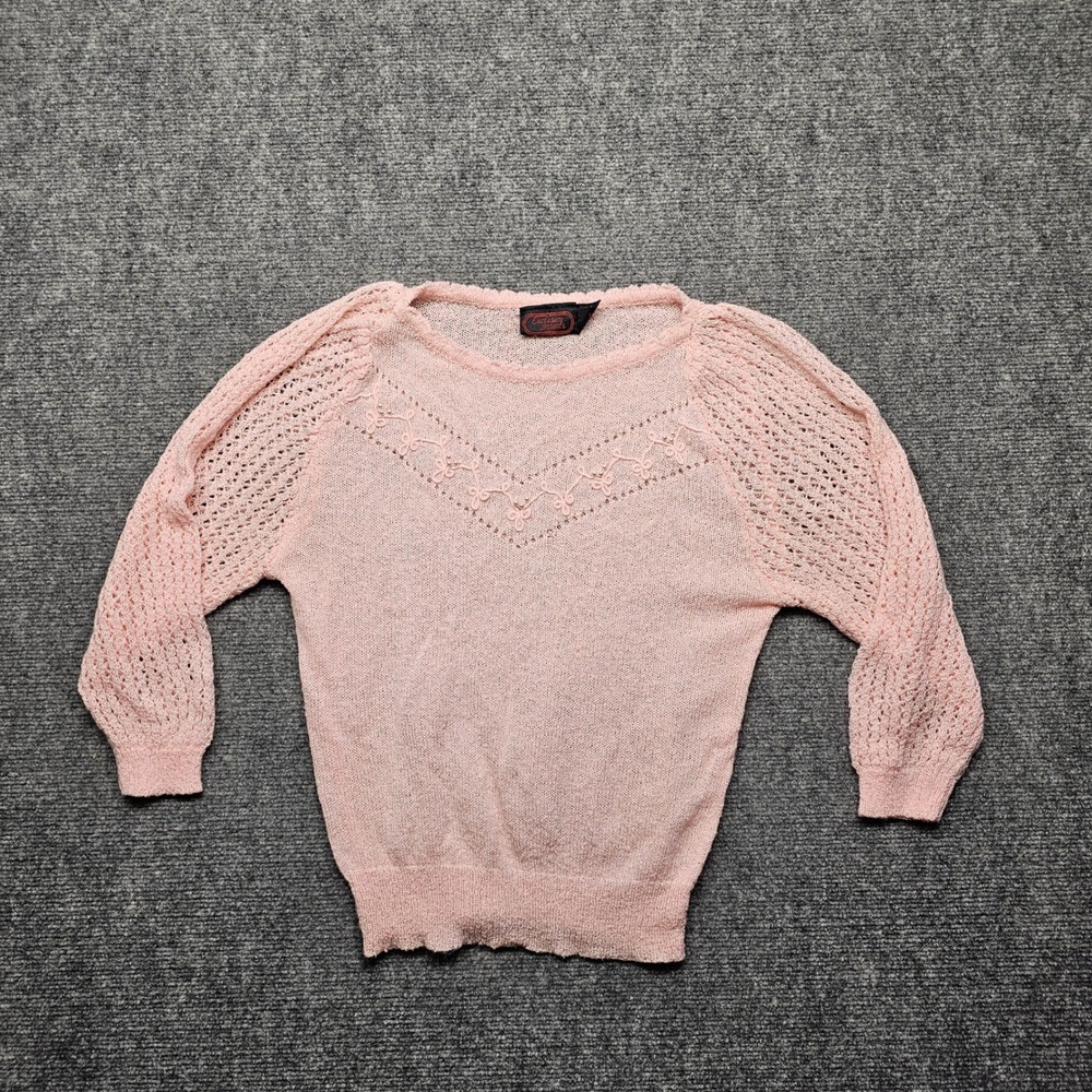 Vintage Exclusive Imports Pink Knit Sweater Faux Pearl Floral Embroidered Large